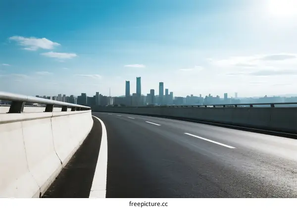 Smooth highway with city skyline in the distance under clear sky
