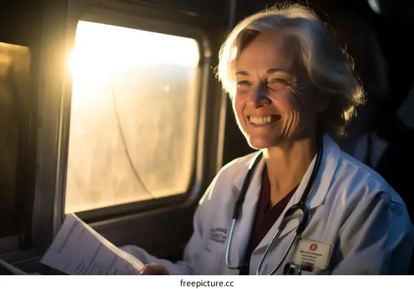 Portrait of a smiling female doctor on a train