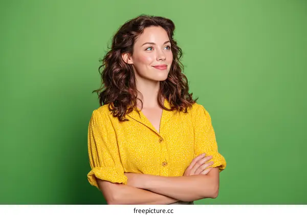 Young Woman in a Yellow Shirt Against a Green Background