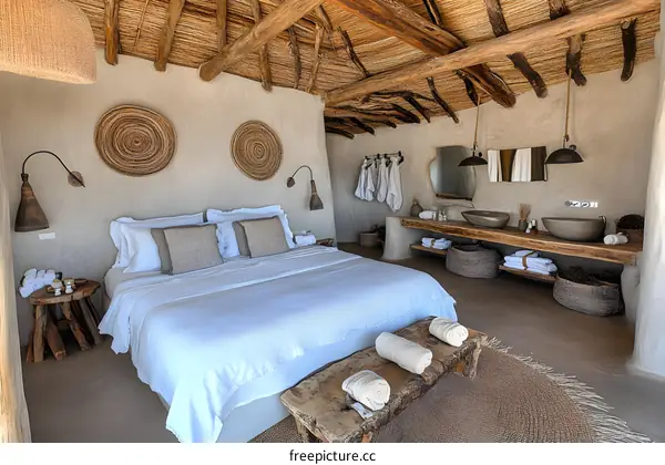 Rustic Bedroom With Wooden Beams and Wicker Accents