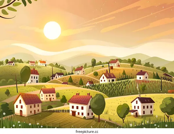 Cartoon Village Illustration With Green Hills And Houses