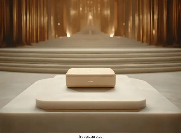 Minimalist 3D Illustration of a Golden Box on a Marble Platform