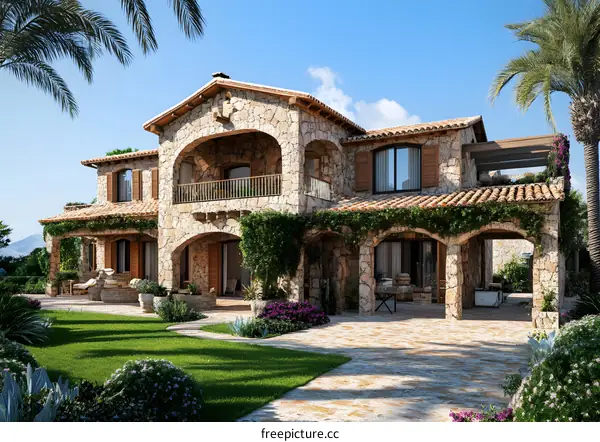 Stone Villa with Arched Entryways and Palm Trees