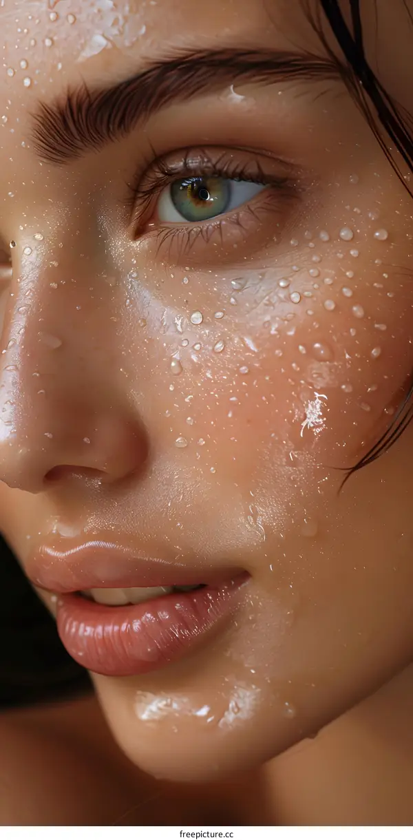 Closeup Portrait of Woman with Wet Skin and Water Droplets