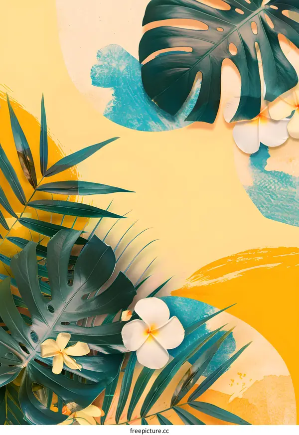 Tropical Leaves And Flowers On Yellow Background