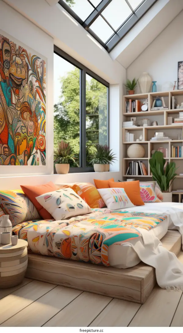 A cozy living space with a large window and a comfortable couch