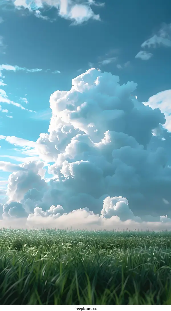 Blue sky and white clouds over a green field