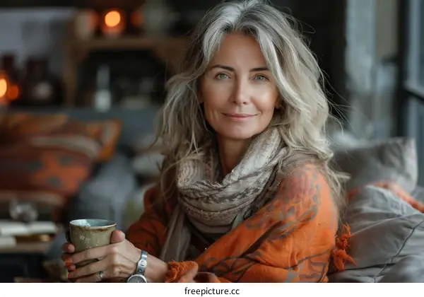 portrait of a beautiful middle aged woman with gray hair