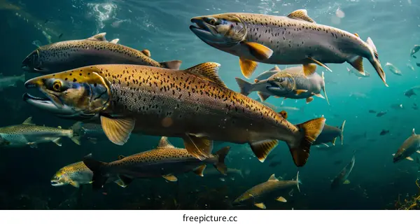 A group of various species of salmon swimming underwater