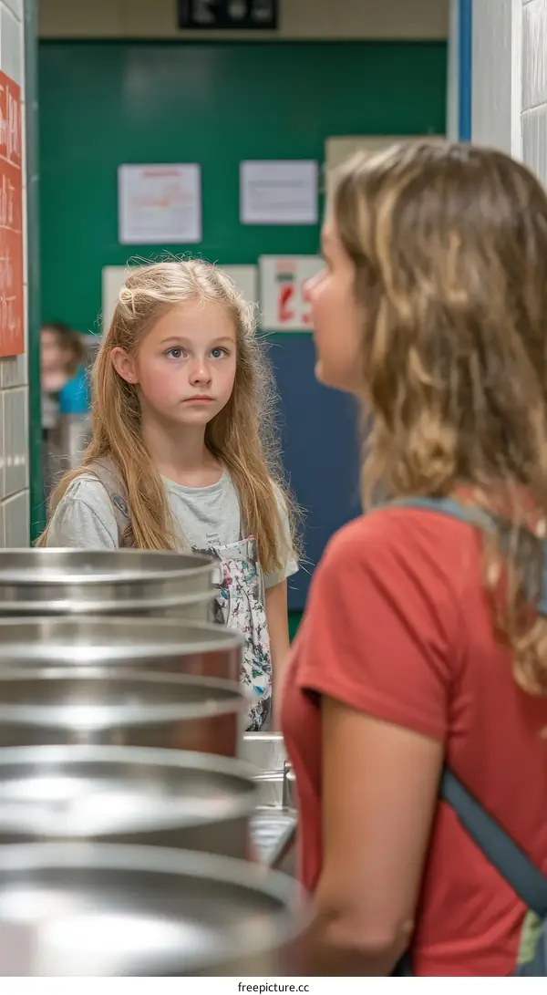 School Lunchroom Interaction Caucasian Girl and Woman