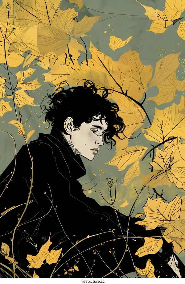 Man With Curly Hair Surrounded By Autumn Leaves