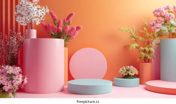 Colorful Floral Display Background with Geometric Shapes