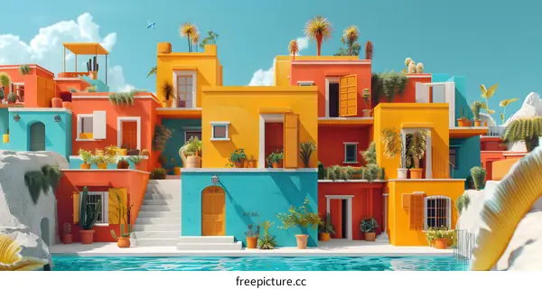 Colorful Houses with Pool Illustration