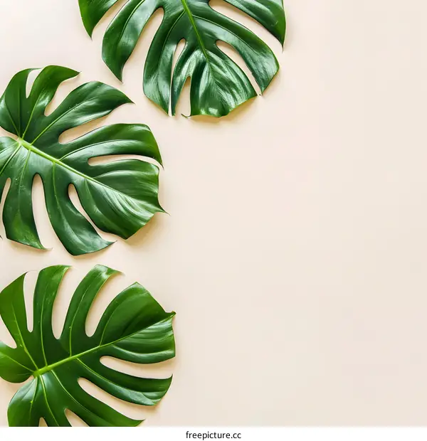Green Monstera Leaves on Beige Background