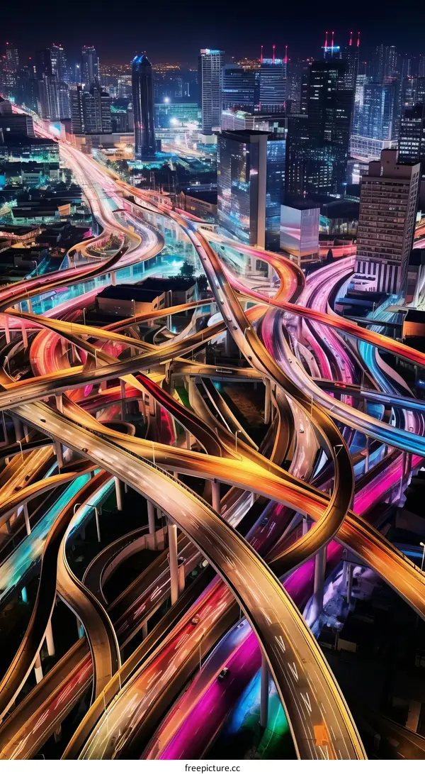 A complex urban highway interchange at night with colorful light trails from traffic