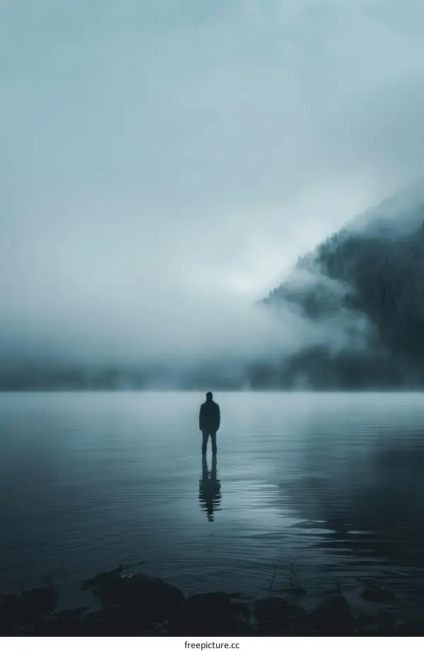 Man standing alone in a foggy lake with mountains in the distance