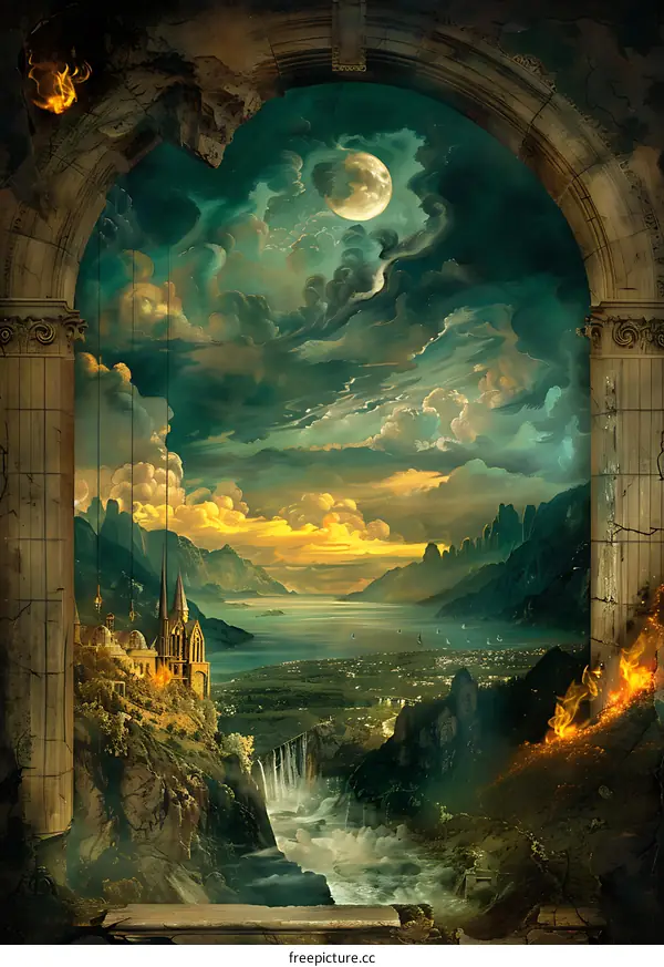 Fantasy Landscape Through Archway with Moon and Waterfall