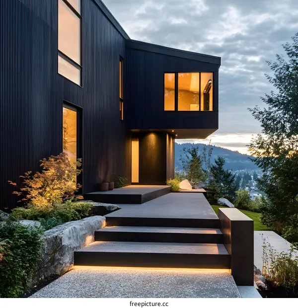Modern Black House With Illuminated Steps and Mountain View