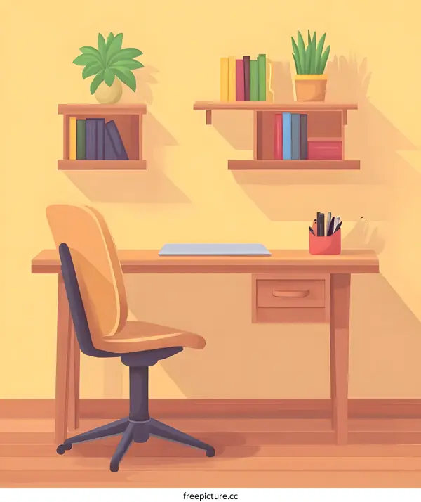Modern Home Office Desk with Chair, Bookshelves and Plants