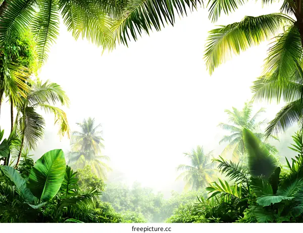 Tropical Rainforest Leaves Border With White Background