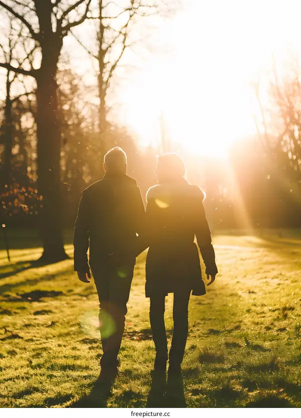 Couple Walking Towards Sunset In Park