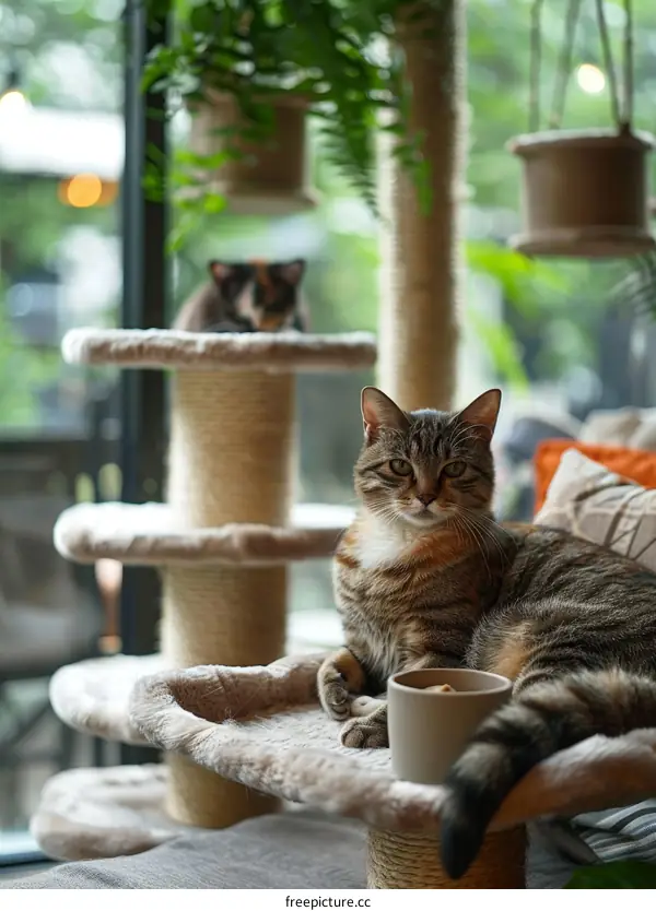 A cute cat is sitting on a cat tree next to a window.