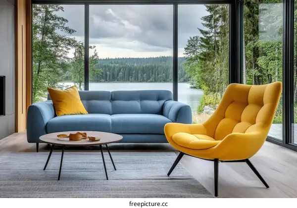 Modern Living Room with Lakeside View