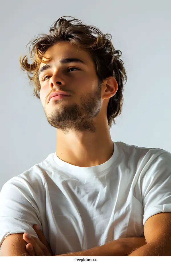 Portrait of Young Man with Arms Crossed Looking Up
