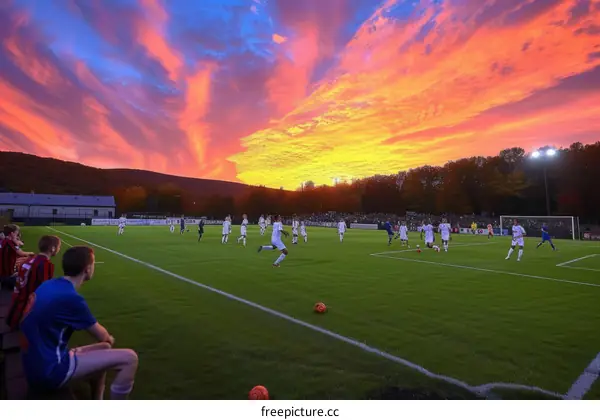 A soccer game is being played on a field at sunset