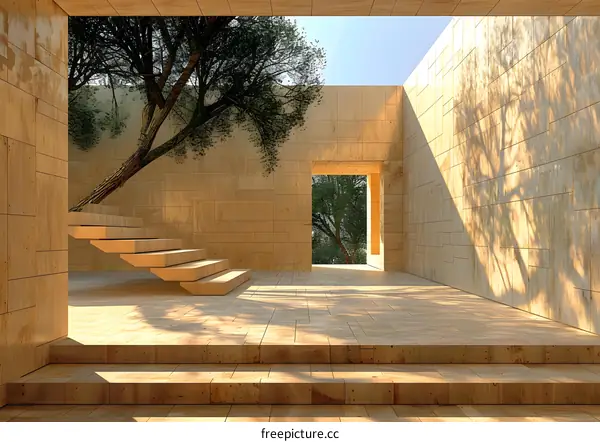 Modern Minimalist Patio With Tree Growing Through Wall