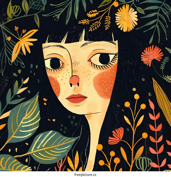 Woman with Flowers in Her Hair Illustration