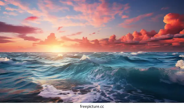 The setting sun casts a pink glow on the ocean waves