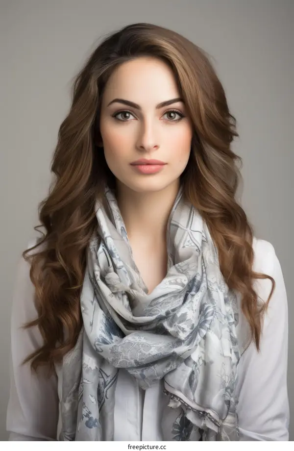 Headshot of a beautiful young woman with long brown hair wearing a white blouse and a floral scarf