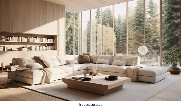 A modern living room with a large windows