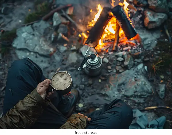 Man making coffee over a campfire