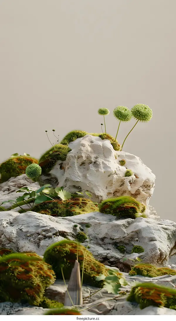 Green Moss and Plants on Rocks Against Beige Background