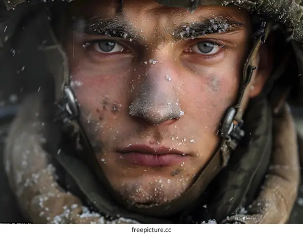 Portrait of a young soldier with snow on his face
