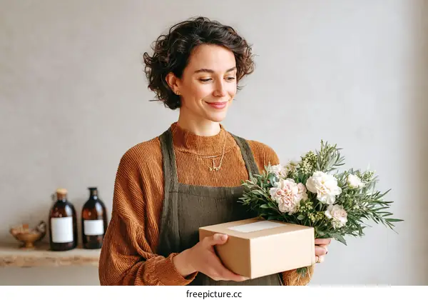 Woman holding flowers and a gift box in a cozy shop