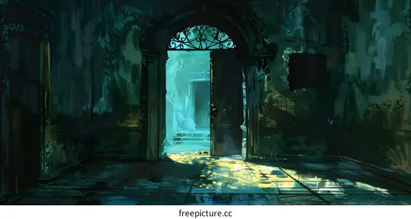 An illustration of an open door in a dark room