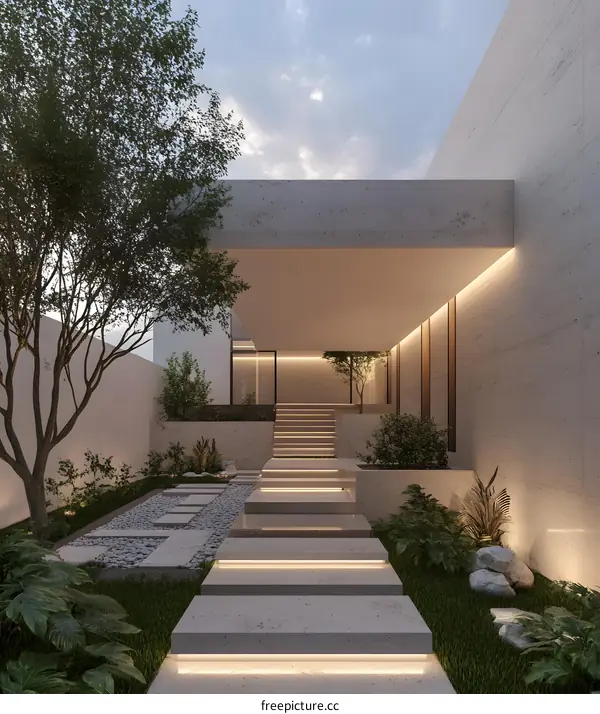Modern Minimalist House with Stone Steps and Greenery