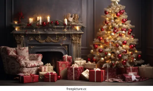 Christmas tree and fireplace with glowing candles