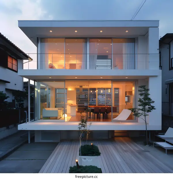 Modern Minimalist Two Storey House Exterior Design With Glass Windows and Wooden Deck