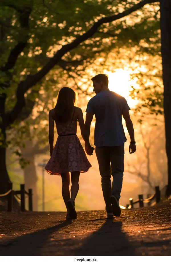 Loving Couple Holding Hands Walking into a Sunset