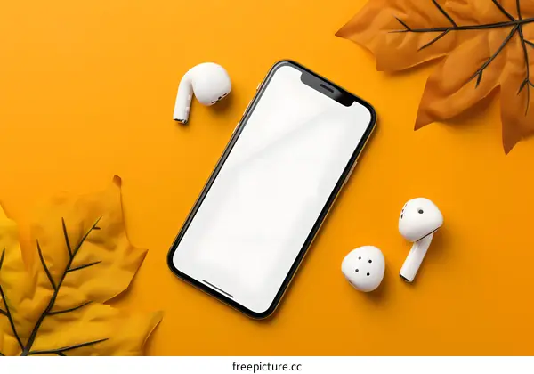 White Wireless Earbuds and Smartphone on Yellow Background with Fall Leaves
