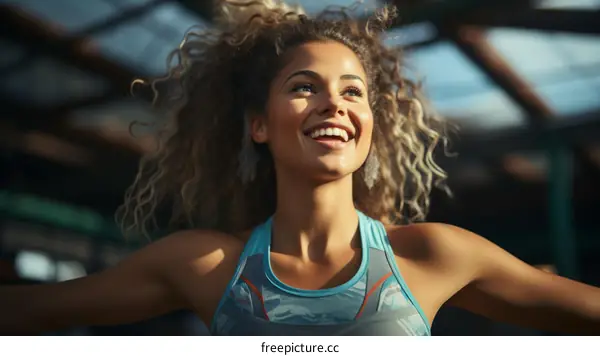 Curly-haired woman in sportswear smiling with arms outstretched
