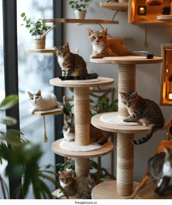 A group of cats on a cat tree looking out the window