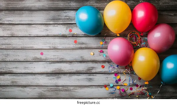 Colorful Balloons and Confetti on Wooden Background