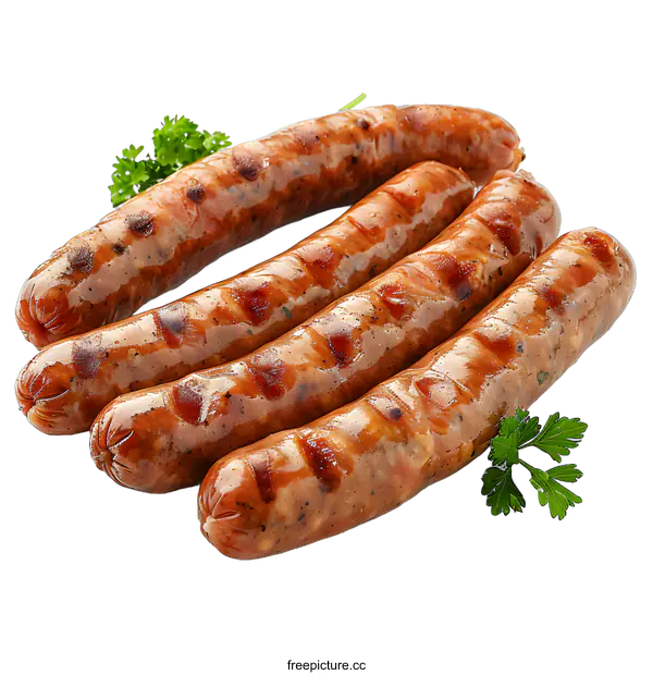 [Transparent Background PNG]Four grilled sausages lie on a white surface with parsley sprigs