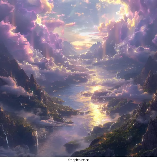 Fantasy landscape with floating islands and a shining river running through it