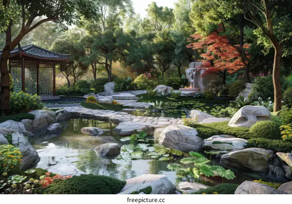 Peaceful Chinese Garden Scene Illustration